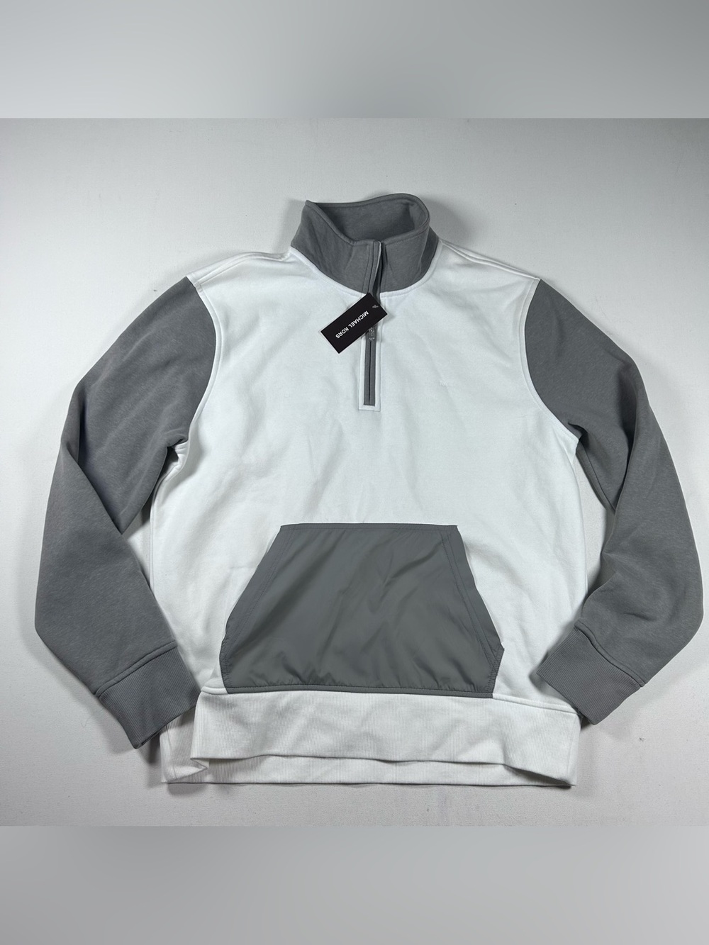 Michael Kors Mens L White Gray Quarter Zip Pullover Sweatshirt Jacket NWT $128